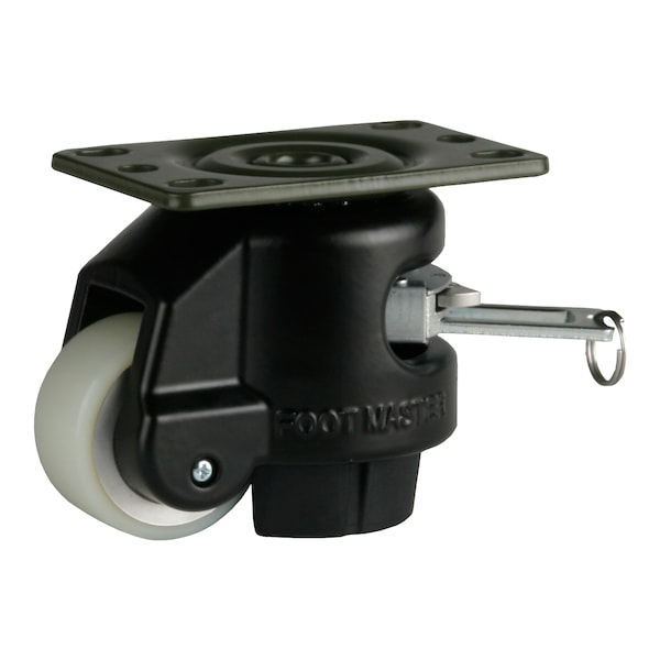 Leveling Caster, Ratchet, 50 mm PU Wheel, 2-1/2 x 3-1/4 Plate, Swivel, 250 kg Cap, NBR Pad, Black